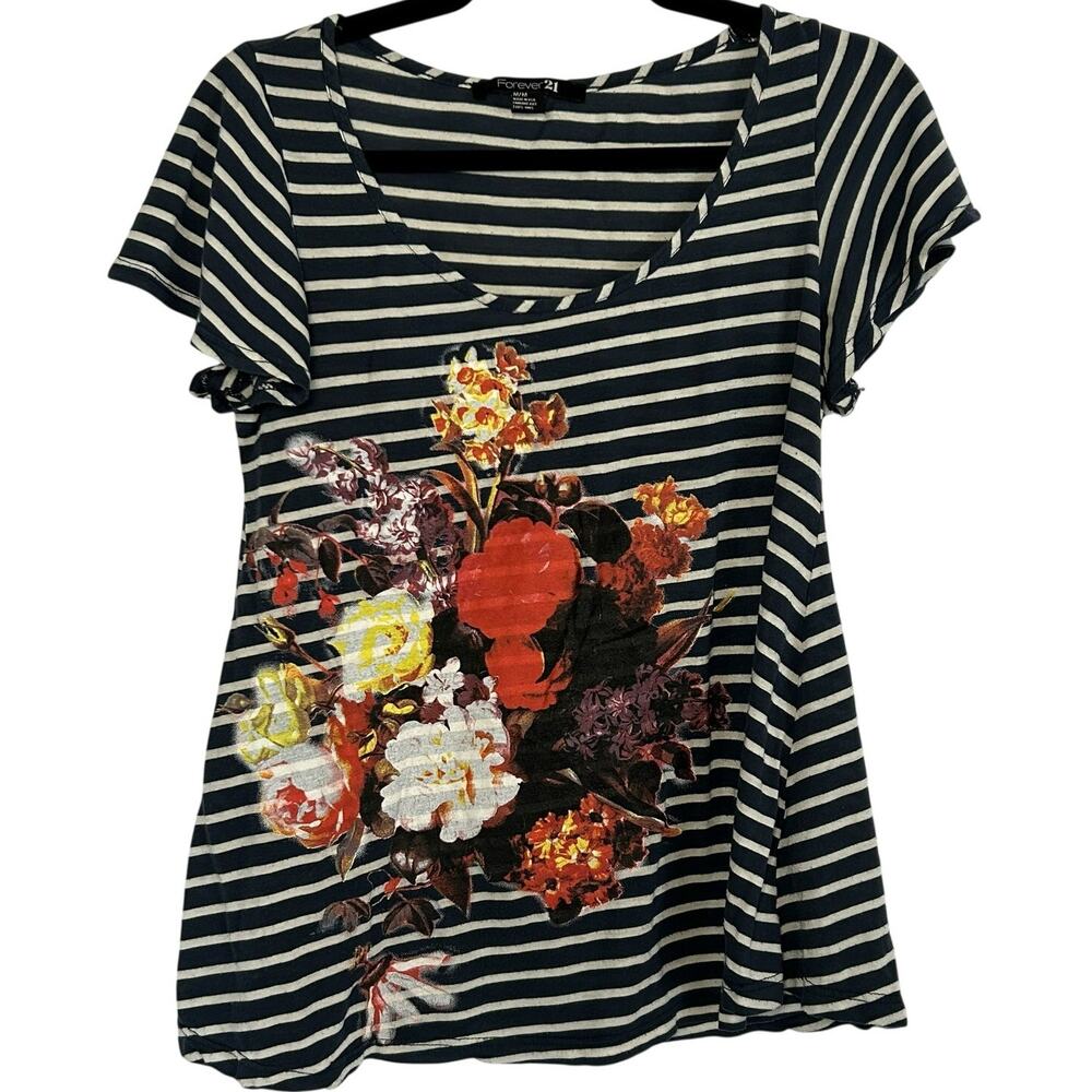Y2K Forever 21 Navy White Striped Floral Graphic Tee Modal Soft Casual Medium